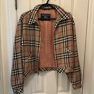 Burberry Beige Plaid Jacket with Red and Black Accents